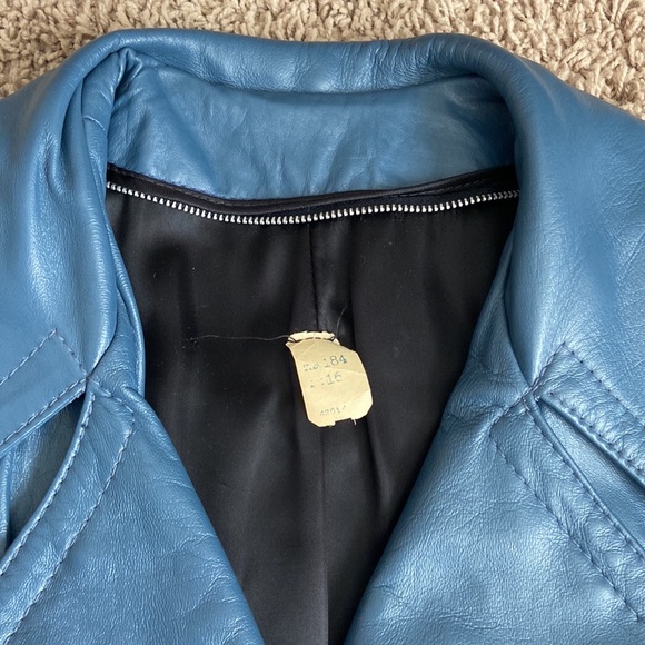 Vintage leather dress coat double breasted with belt steel blue size 12-14 - Picture 3 of 13